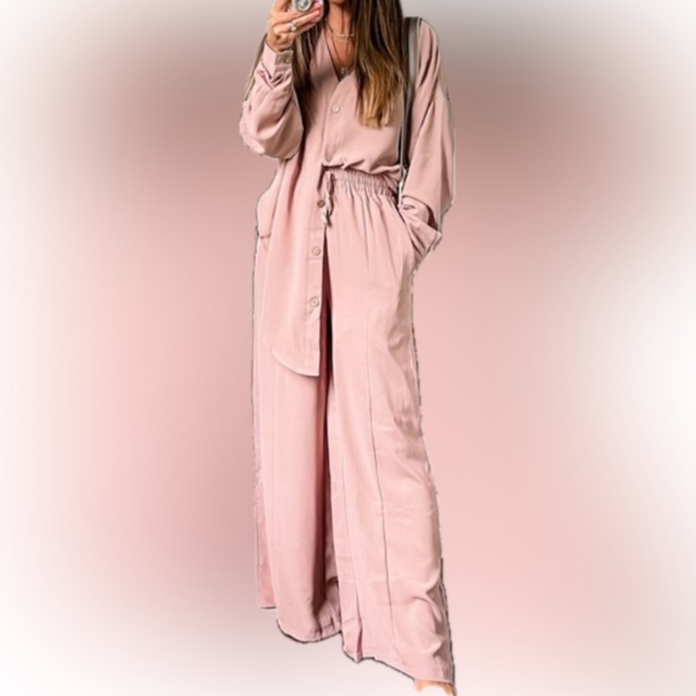 🆕 NWT - DEEP SELF 2 Pc Casual Slit Hem Button Shirt Wide Leg Pant Loungewear S